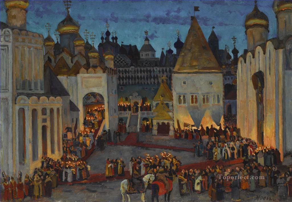 KREMLIN AT NIGHT ON EVE OF CORONATION OF TSAR MIKHAIL FEDOROVICH Konstantin Yuon Oil Paintings